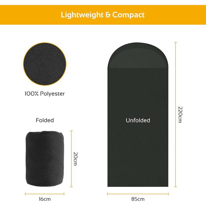 Milestone Camping Men's 26020 Fleece Sleeping Bag Liner, Comfort and Warmth, Compact and Portable, Easy Care, Black, 220 x 85 cm (L x W), L220 x W85cm