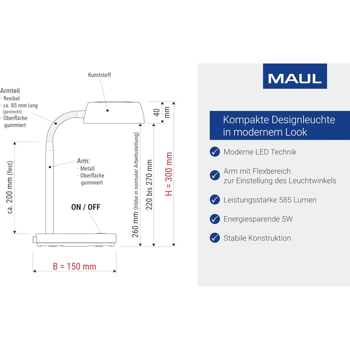 Світлодіодна лампа для столу MAULjoy | Настільна лампа з підставкою | Світлодіодна лампа для офісу та дому | Регульована LED лампа з теплим білим світлом 3000K | 33,5 см (висота) | Чорний колір