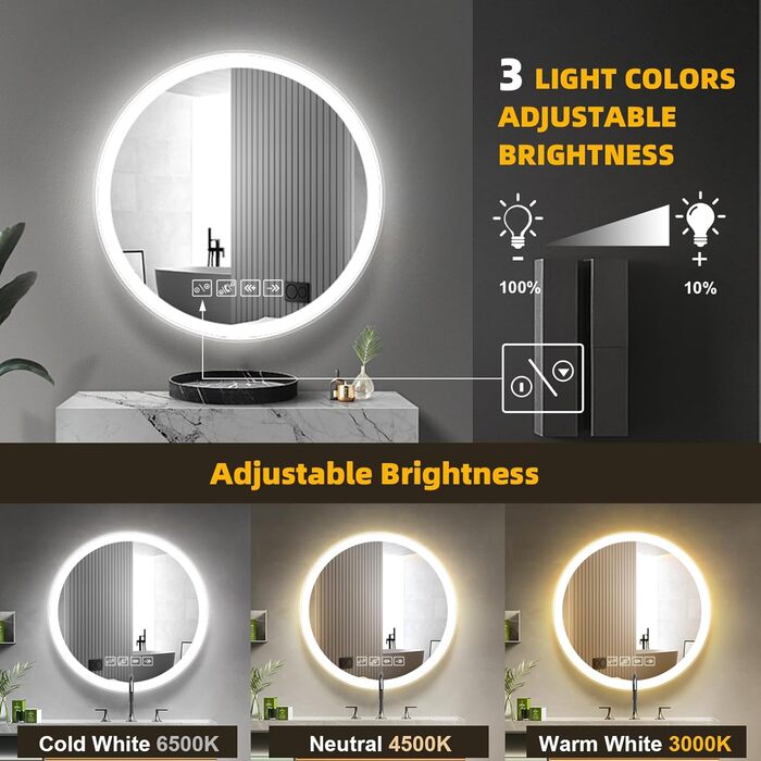 Дзеркало для ванної кімнати з підсвічуванням 50x70 см, з функцією проти запотівання, годинником, LED, сенсорне управління, пам'ять, 3 кольори світла, регулювання яскравості