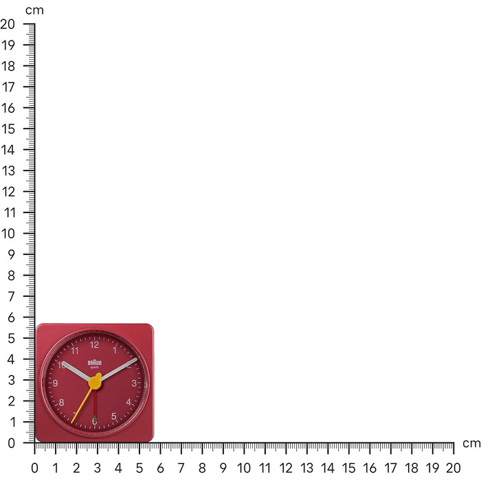 Braun Classic Analog Travel Alarm Clock, compact size, quiet quartz movement, crescendo alarm in red, model BC02R.