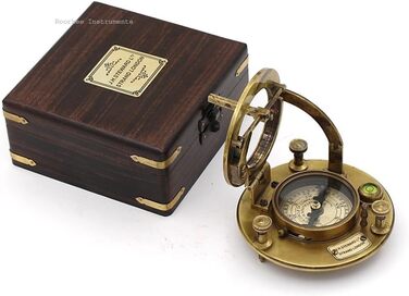 Roorkee Instruments India Best Presents for Sailors/Vintage Brass Compass with Wooden Box/J.H. Steward Directional Magnet Compass for Navigation, Sundial, Pocket Compass for Camping, Hiking, Touring