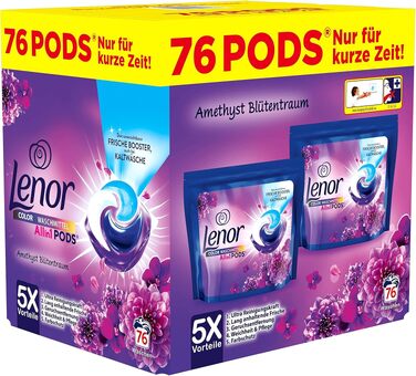 Капсули для прання кольорових речей Lenor All-in-1 PODS Amethyst Blütentraum, гігієнічне глибоке очищення та тривала свіжість, 76 шт