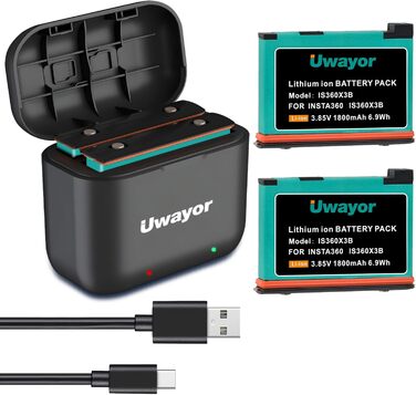 Запасний акумулятор Uwayor для Insta360 X3, 3-канальне USB-зарядне пристрій, сумісний з камерою Insta360 One X3