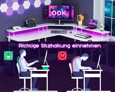 ODK Gaming Table with LED, Gaming Desk with 2 Outlets and 2 USB Charging Ports, PC Table Gaming with a Generous Monitor Stand, Gamer Desk in Carbon Fiber White, 129x129 cm