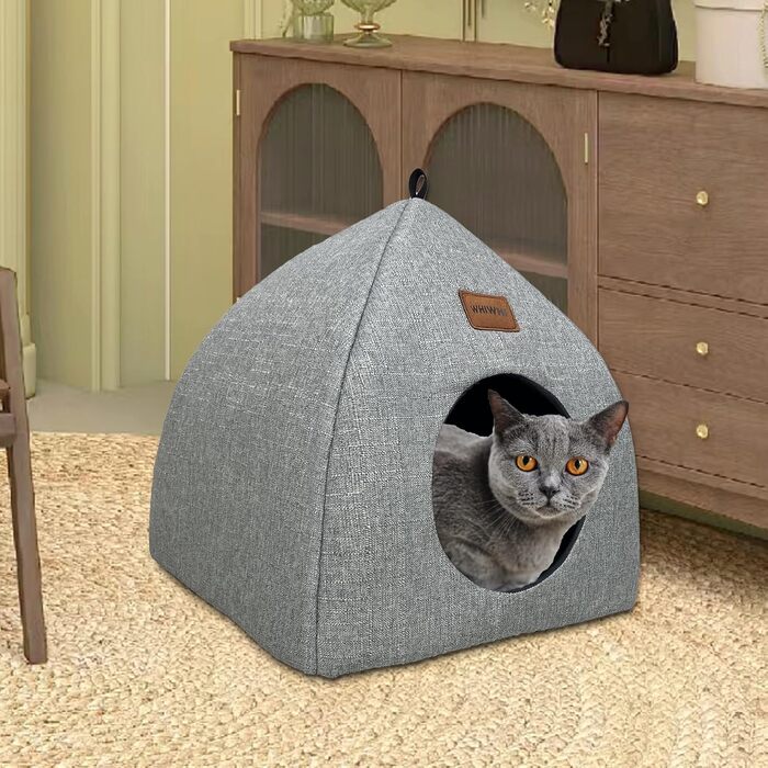 Кіт-будиночок Katzenhöhle для дому з подушкою, складаний, миючий, зручний, сірий, 40x40x35 см