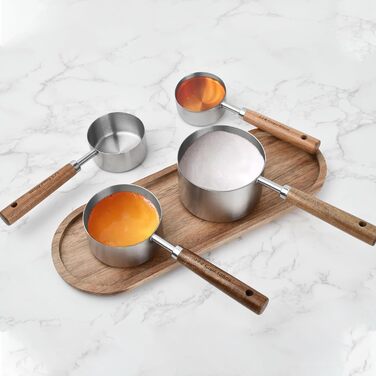 Набір мірних ложок та чашок мідного кольору, 4 шт. для кухні: 60мл, 80мл, 125мл, 250мл. Нержавіюча сталь, дерев'яна ручка