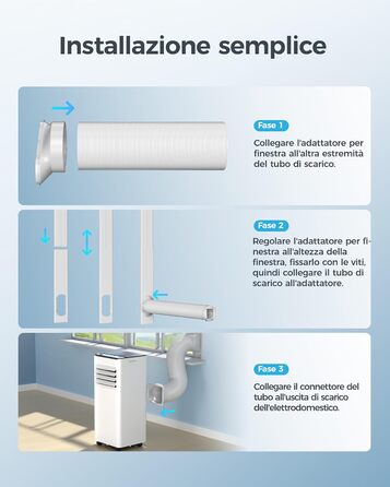 Мобільний кондиціонер 9000 BTU з випускним шлангом | 4-в-1 | Тиха робота <48 дБ | Цифровий дисплей + пульт дистанційного керування | Комплект для встановлення у вікно | Таймер 24 години | Для приміщень до 25 м²