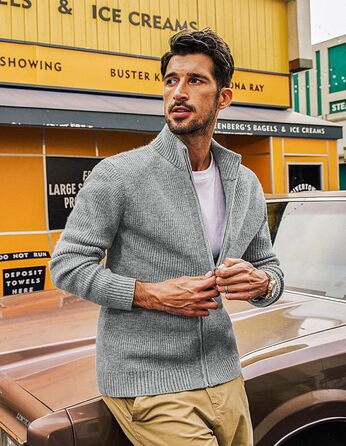 Чоловіча в'язана куртка-трікжак PJ PAUL JONE з коміром-стійкою та блискавкою, світло-сіра (L)