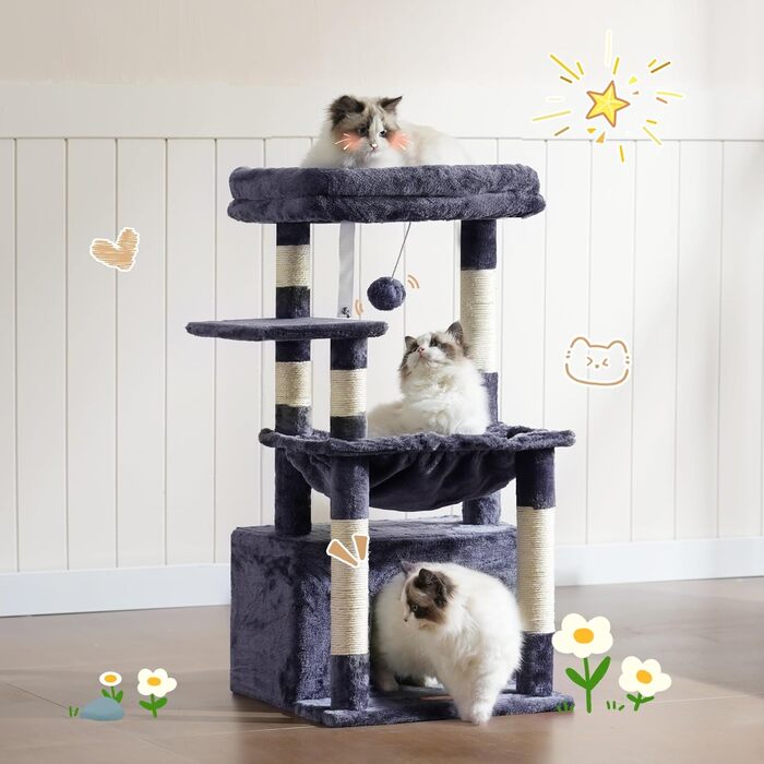 Кігтеточка для котів Heybly Kratzbaum HCT008SW сірого кольору з великим м'яким кошиком та місцем для сну