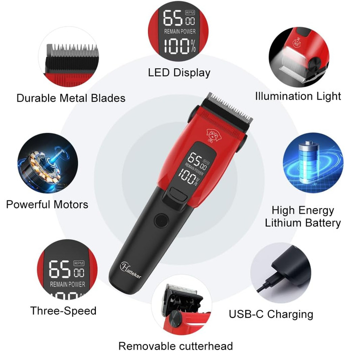 Професійна машинка для стрижки собак Hatteker: електрична, бездротова, з підсвічуванням, 7500RPM, для собак та котів
