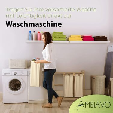 AMBIAVO® Laundry Hamper Beige – Laundry Basket with 3 Compartments and Shelf, 90L – Bamboo Laundry Sorter & Dirty Laundry Container – Laundry Basket with Shelf – Laundry Sorting System for Order in Your Household