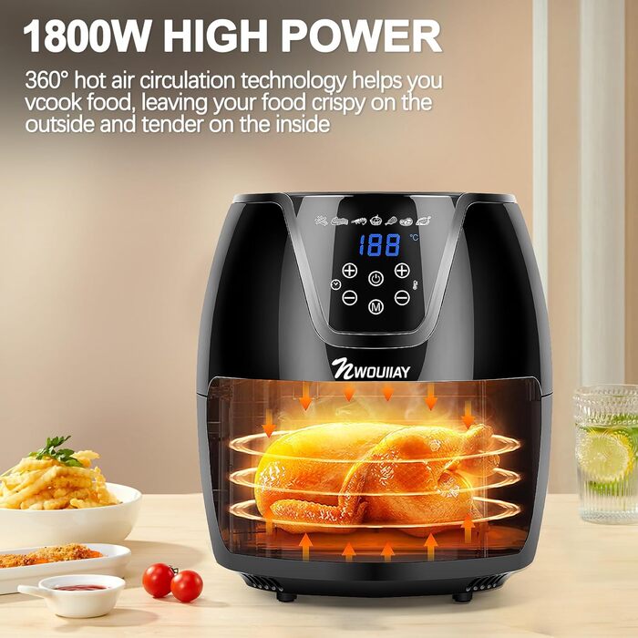 Фритюрниця без олії Air Fryer NWOUIIAY 1800W з LED-touchscreen 5.5L, 7 програм, цифровий дисплей