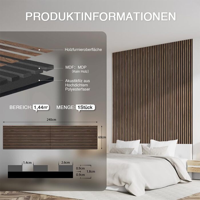 Акустична настінна панель з натурального шпона Темний дуб, 240x60x1.8 см (1.44 м²), дерев'яна панель для шумоізоляції вітальні, офісу та домашньої студії