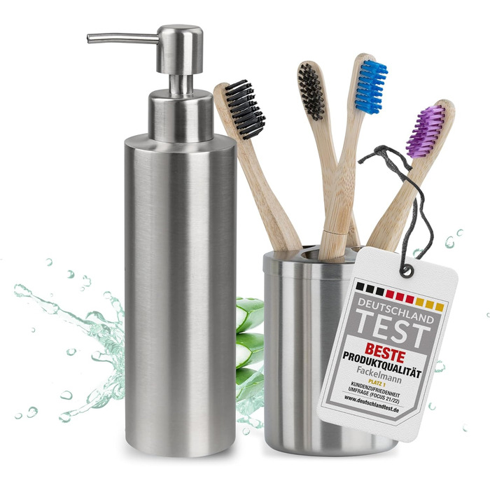 Fackelmann Soap Dispenser & Toothbrush Holder Tecno, dispenser for liquid soap made of high-quality stainless steel, holder for 4 toothbrushes, high-quality toothbrush holder (color: matte silver), quantity: 1 x 2-piece set