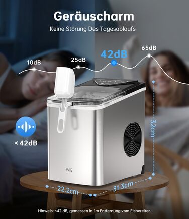 Машина для приготування льоду WIE 1.3L, 9 кубиків за 6 хвилин, тиха, самоочисна, для кухні, офісу, бару, вечірки (срібляста)