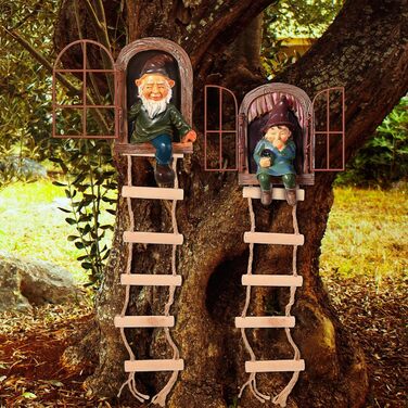 Thyle 4-Piece Garden Gnome Outdoor Tree Hugger Gnome Fairy Statue Elf Out The Door Resin Figure Hanging Ladder Decoration Tree Faces Decor Outdoor for Patio Yard Lawn