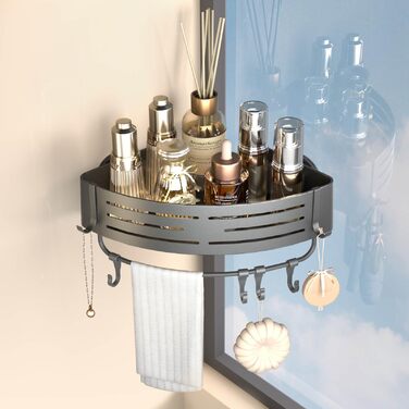 Двомісне куткове поличок для душу без свердління з присосками, водонепроникний органайзер для ванної кімнати, з тримачем для рушників, для шампуню та гелю для душу, чорний матовий (1 шт. сірий кутовий поличок для душу)