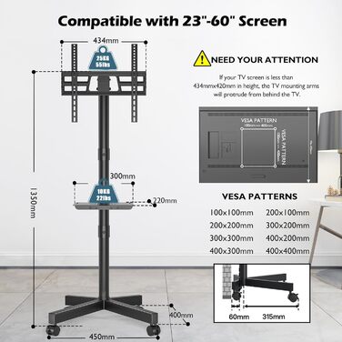 BONTEC Mobile TV Stand with Tilt and Height Adjustment - Rolling TV Mount for 23-60 inch LED, LCD, OLED TVs (Up to 25kg)