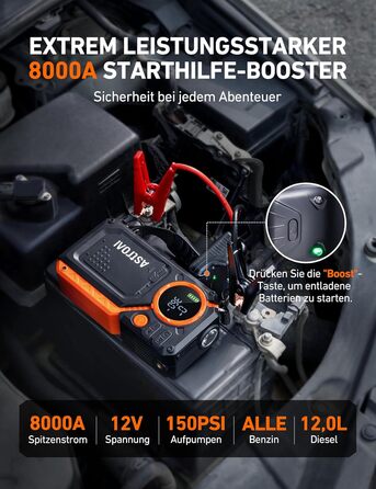 Powerbank для авто AstroAI з пусковим струмом 8000А та компресором 150PSI оранжевого кольору
