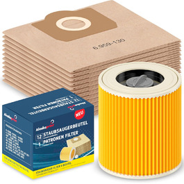 Фільтр для пилососа Kärcher (12 мішків + 1 фільтр) - сумісний з WD3, WD2, WD 3, WD1, MV3, MV2, NT, KNT, K A SE, VC. Замінник 6.414-552.0, 6.414-772.0, 6.414-547.0. Для алергіків