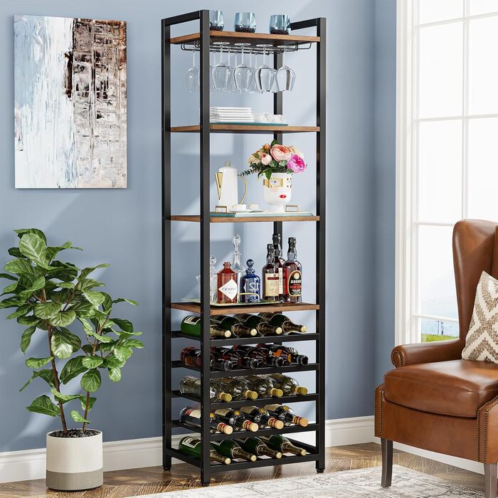 Tribesigns 20 Bottle Wine Baker's Rack, Freestanding Wine Rack, 9 Tiers, Industrial Freestanding Wine Rack Wine Bar with Glass Holder, Bottle Shelf for Bar, Kitchen, Dining Room, Rustic Brown
