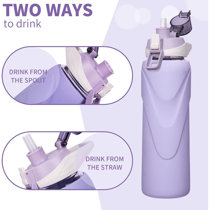 1 liter / 1l Drinking Bottle Glass with Straw BPA Free Glass Bottle with Silicone Sleeve Borosilicate Glass Water Bottle (Light Purple)