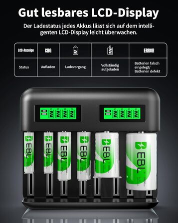 Зарядний пристрій EBL для акумуляторів AA AAA C D NI-MH, Type-C, LCD дисплей, швидка зарядка (зарядний пристрій + 4 x C)