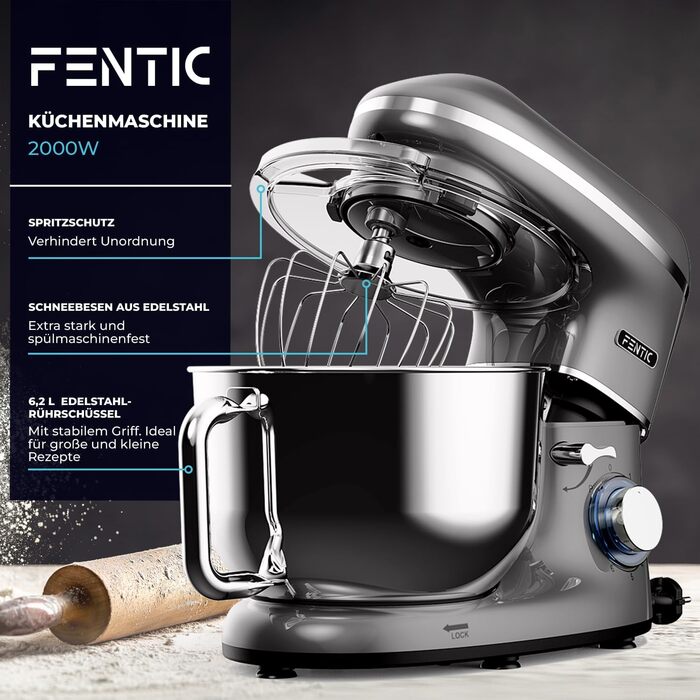 Fentic 2000W Stand Mixer - Stainless Steel Bowl (6.2L) - Kitchen Machine with Dough Hook, Beater, Whisk & Splash Guard - Includes Accessories - Anthracite