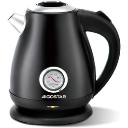 Електричний чайник Aigostar Adrian Retro з нержавіючої сталі, 1.7л, 2200W, аналоговий термометр, LED-підсвічування, автоматичне відключення, чорний