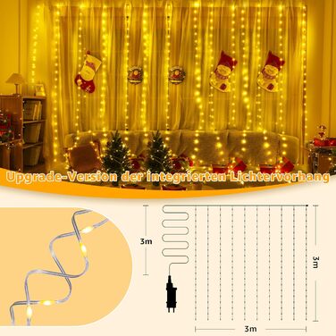 Льодосвітна штора Ollny для декорування фасаду 3x3м, 300 LED, 8 режимів, IP67, пульт, таймер, димування, для декору на Різдво, двері, стіни, вечірки, вікна, балкон (тепле біле світло)