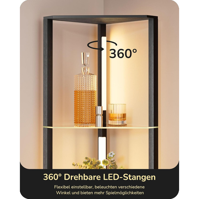 Стійка лампа EDISHINE з 4 полицями з дерева, LED диммер, 3 колірні температури, поворотний світловий маніпулятор, підсвічування полиць, футовий вимикач (чорний+скло)