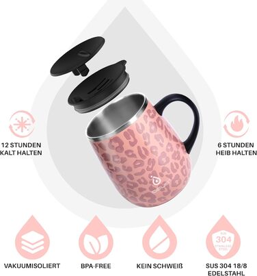 Термокружка Ideus 470 мл з нержавіючої сталі, подвійні стінки, ізоляція, з кришкою-ковпачком, протиковзкий наклад, зелений/рожевий (Leopard Rosa)