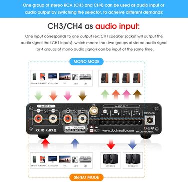Підсилювач звуку Douk Audio HiFi Bluetooth 5.0, цифровий, стерео, 2/4 канали, 4×50Вт