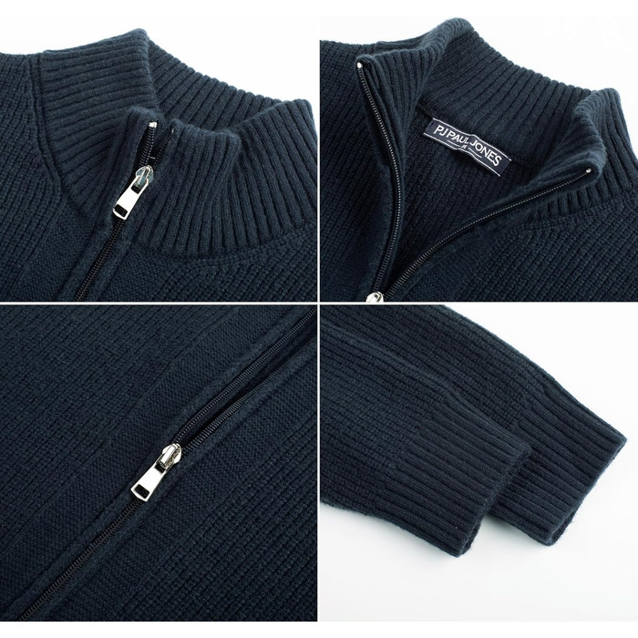Кардиган чоловічий PJ PAUL JONES з рифленого в'язання, довгі рукави, зимова куртка, тонкий трикотаж, з коміром-стійкою та блискавкою, колір морської хвилі (S)