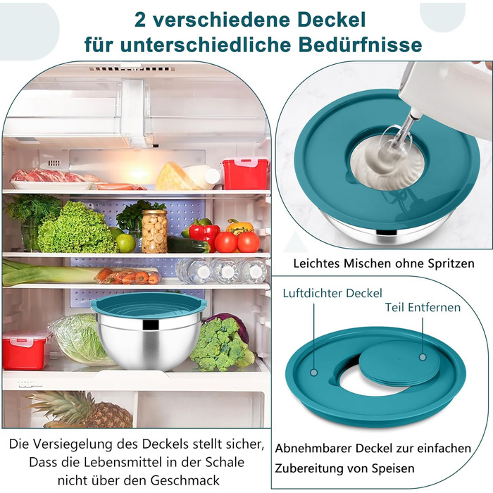 Миска Joyfair 4,5 л з нержавіючої сталі з кришкою, набором терок для приготування їжі, миска для салатів, посудомийна машина - блакитна