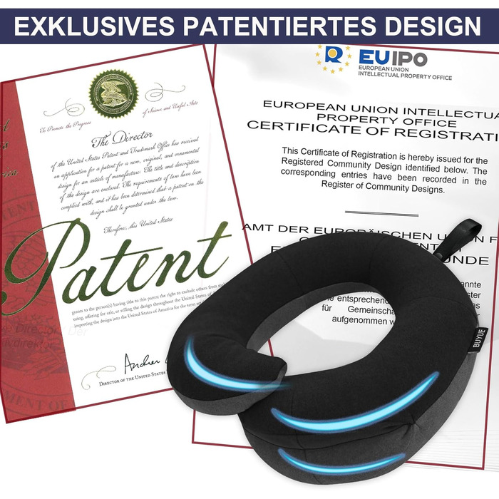 Подушка для шиї Buyue для подорожей літаком, 360° обертання, підтримка шиї, комплект з маскою для сну та берушами (для дорослих, до 45 кг)