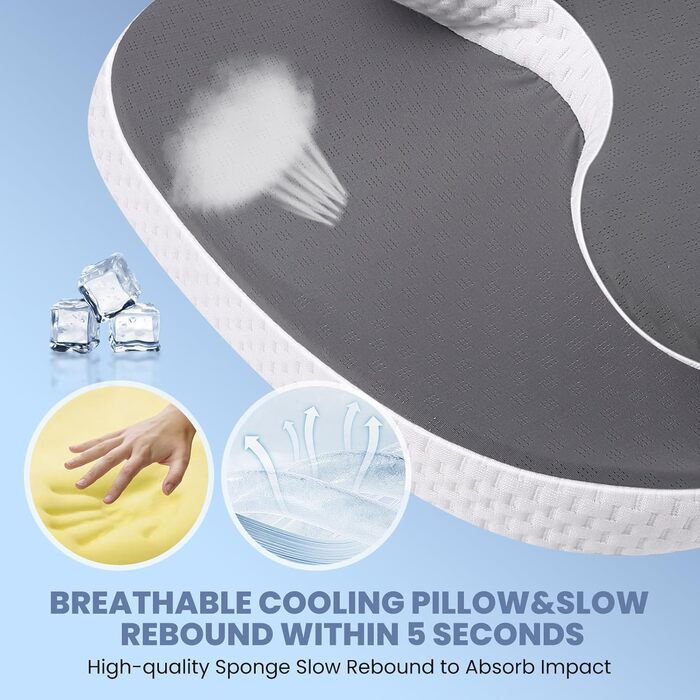 Подушка для шиї з піни Memory Foam A-Pce: ергономічна подушка для сну на боці, спині та животі, знімний дихаючий чохол - сіро-чорний 65x39x14 см