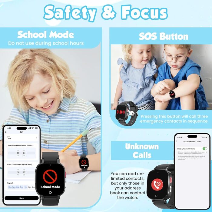 Дитячий розумний годинник 4G GPS з відеодзвінками та SOS, WiFi, крокомір, будильник, ігри, для дівчаток та хлопчиків від 4 років, чорний