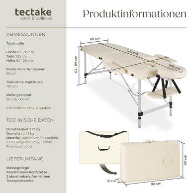Масажний стіл Tectake 2 зони, розкладний, з регулюванням висоти, з аксесуарами (головна підставка, підлокітники, сумка) - чорний (Бежевий | 402787)