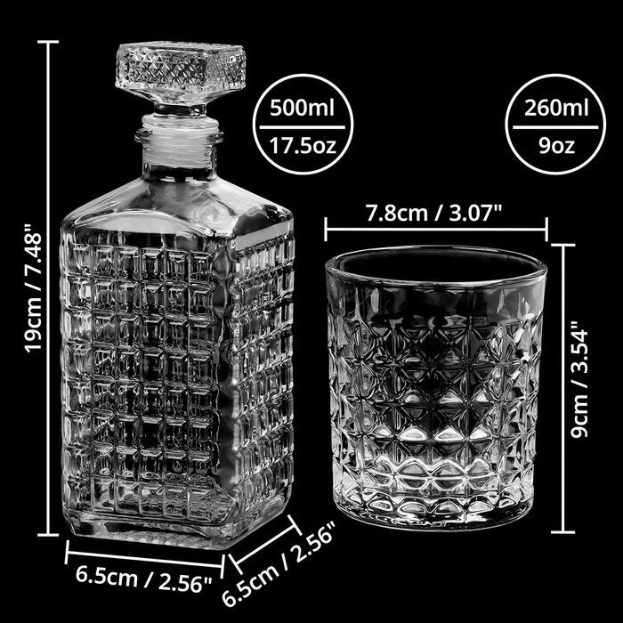 Belle Vous Whiskey Decanter Set (5-Piece) - 500 ml Whiskey Decanter with 4 260 ml Engraved Glasses - Whiskey Set - Ideal for Whiskey, Wine, Brandy, Bourbon, and Other Spirits