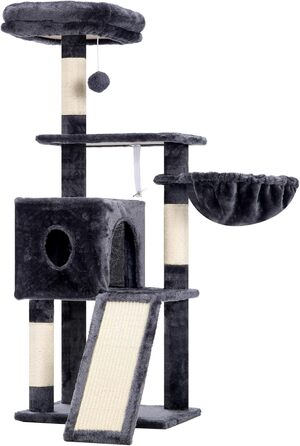 Котячий будиночок Hey-brother Kratzbaum 108 см, багатоярусний котячий комплекс з когтеточками, рампою, кошиком, будиночком та іграшкою-помпоном (димно-сірий), MPJ007SW