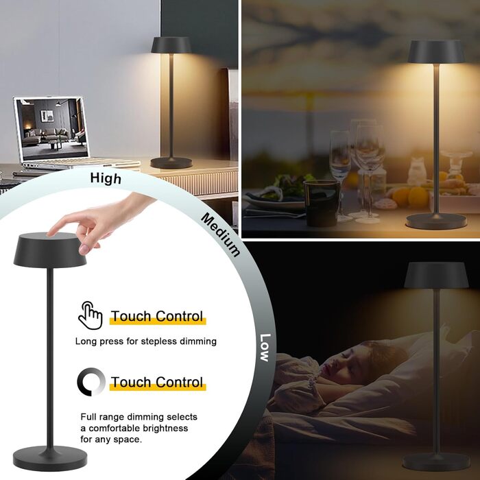 Акумуляторна LED настільна лампа Klighten з димером, сенсорна, металева (алюміній), IP54, тепле світло 3000K, антрацит
