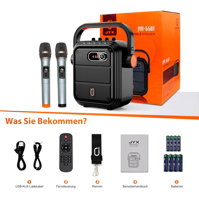 Караоке система JYX з 2 мікрофонами, Bluetooth, FM, USB, TF, AUX, Rec - PA Комплект для вечірок, дорослих та дітей