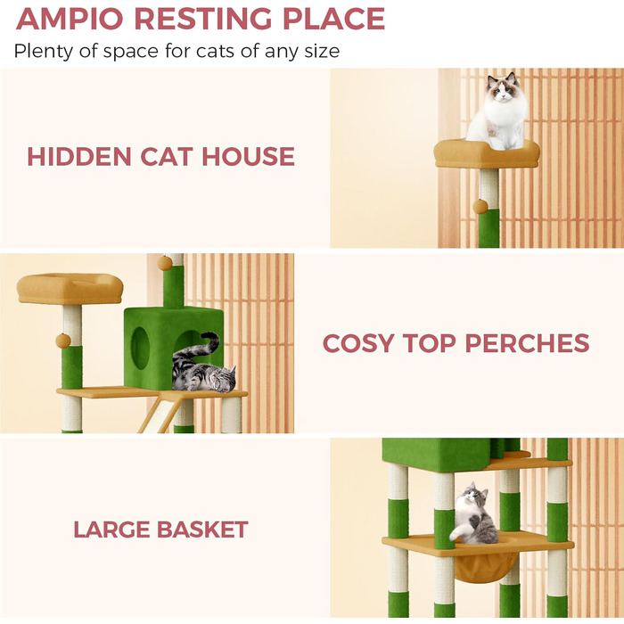 Великий котячий комплекс Kratzbaum 208 см з 3 анти-нахилом, 15 стовпчиками для дряпання, 2 платформами, 2 ховалами, 1 рампою для дряпання та гамаком. Стабільний котячий будиночок для великих котів (зелений + жовтий)