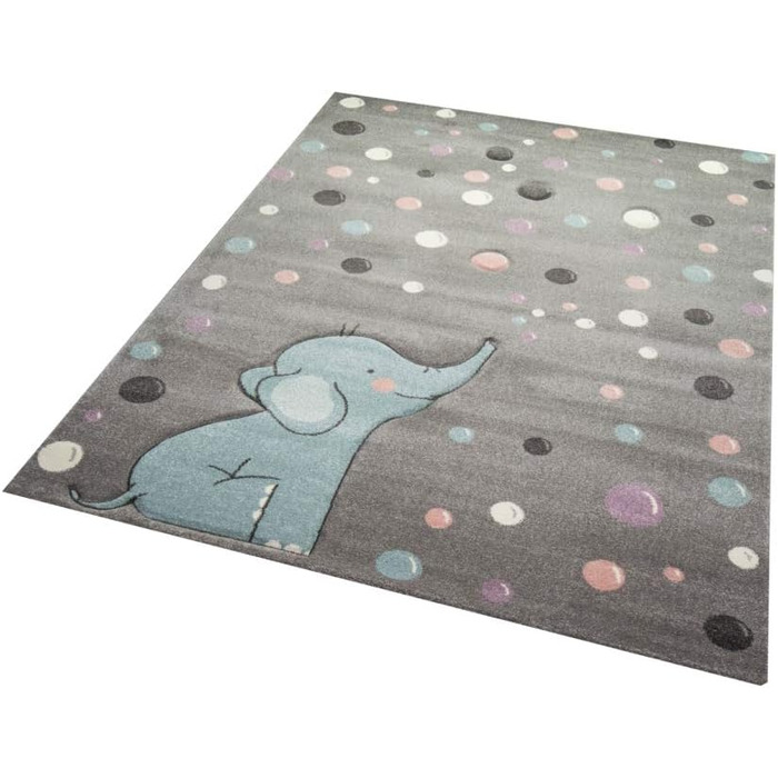 CARPETIA Children's Room Rug, Elephant, Dots, Bubbles, Grey, Blue, Size 200 x 290 cm