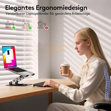 Підставка для ноутбука TECKNET 360° регульована по висоті, металева, ергономічна, для MacBook, Dell (до 17.3 дюймів), чорна