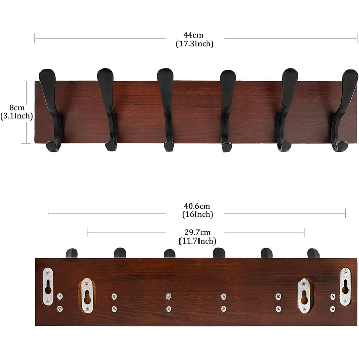SKOLOO Coat Rack, Wooden, Carved Design, Stable Wall Hooks with 6 Hooks, 2-Pack, for Hanging Clothes, Coats, Hats, Jackets, Scarves, Backpacks, Hook Rail Wood All White 2 All White