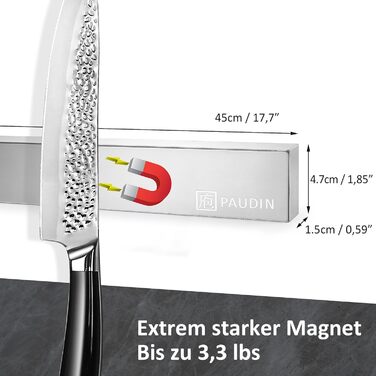 PAUDIN Magnetic Knife Strip 45 cm - Magnetic Knife Holder for Kitchen Knives made of Stainless Steel with Extra Strong Magnet as Knife Holder for Wall, Self-Adhesive for Kitchen Utensils or Tools