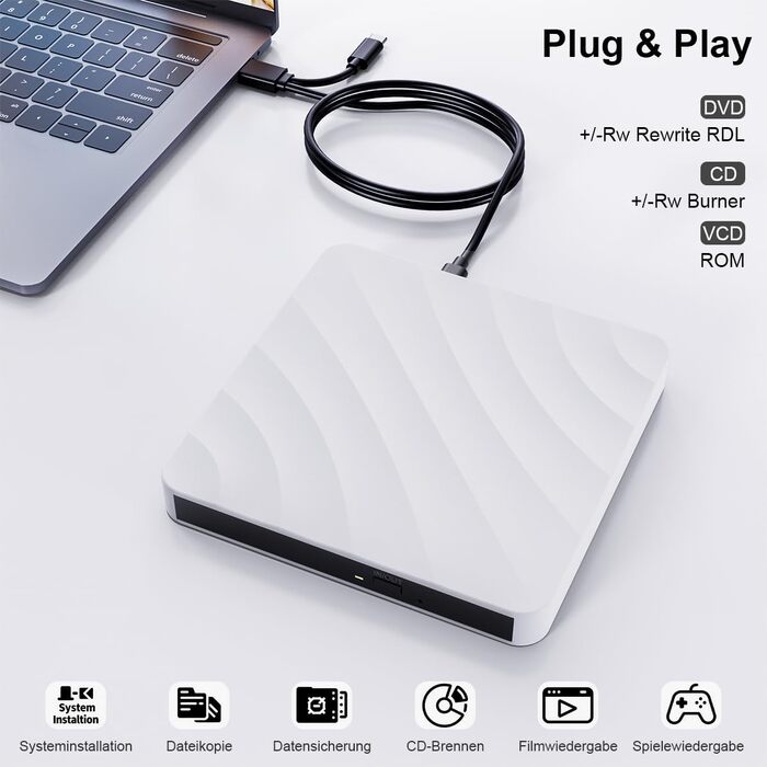 Зовнішній DVD/CD привід USB: DVD-брунер та оптичний накопичувач для ноутбука та ПК, підтримка +/-RW ROM, сумісність з Windows, MacOS, Linux (білий)