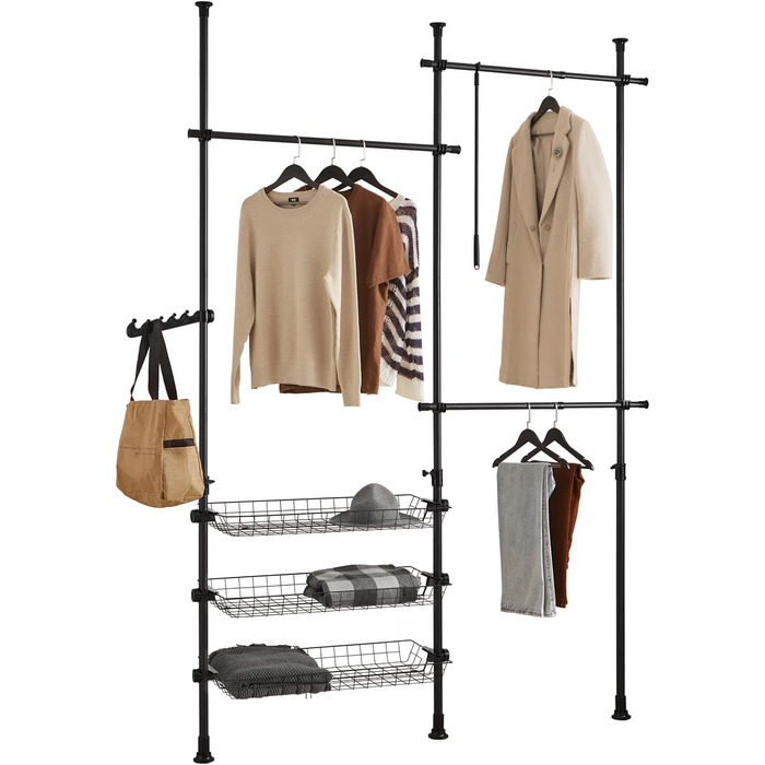 SoBuy Regal System with 3 Clothes Rails and 3 Baskets Telescopic Wardrobe System Adjustable Organization System FRG34-SCH